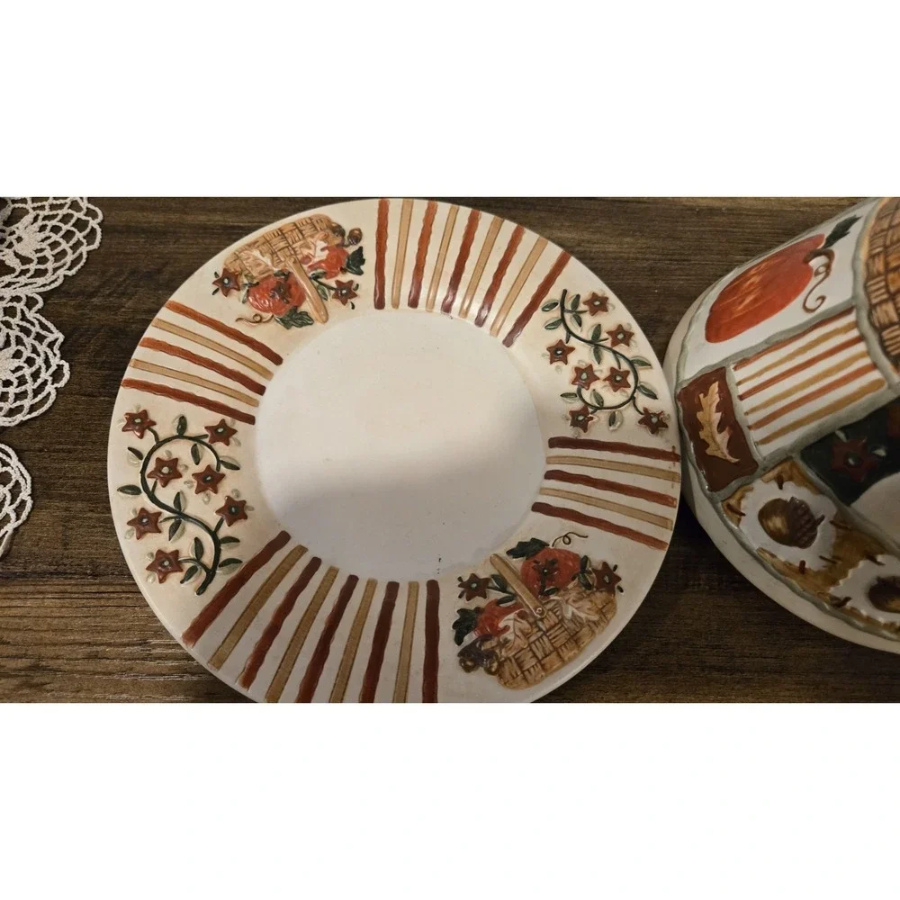 Vtg Yankee Candle Autumn HTF Ceramic Shade Plate Set Pumpkins Acorns Flowers